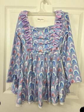 Makena Lane Purple Rainbow Long Sleeve Gilr's Dress Size 8 with Pockets and Logo